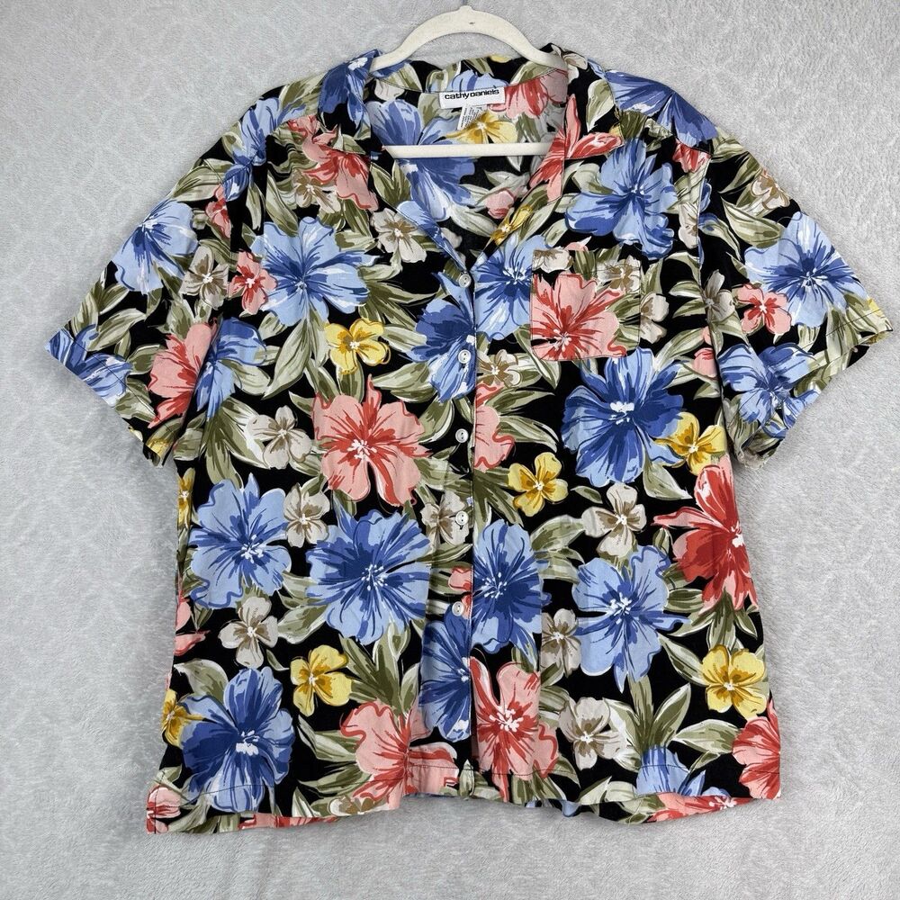 Vtg Floral Hawaiian Camp Shirt Womens 2X Casual Vacation Tropical Summer Beach
